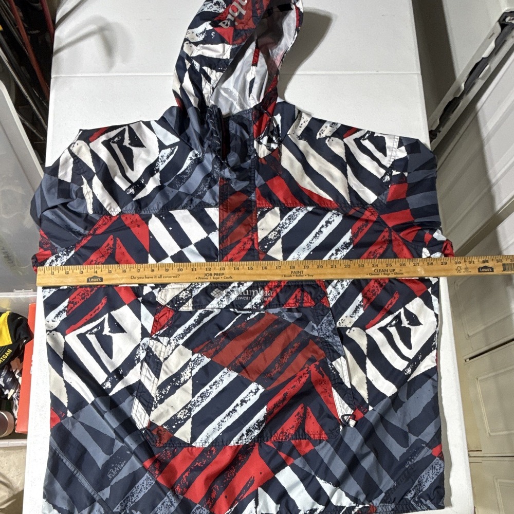 Columbia Men's L Hooded Anorak Jacket Zip Stand Collar Geometric Navy Red